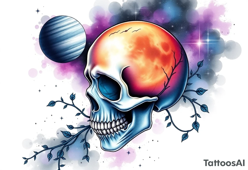 gothic skull as the moon and life as the sun. intertwined with climbing  vines as space dust connecting planets and galaxy in background of skull really bright colors used for the planets and stars shade's of Purple, Blue and black as the backdrop for galaxy tattoo idea