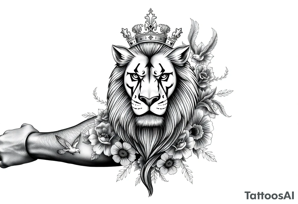 powerful majestic lion with a crown, surrounded by floral ornaments and birds tattoo idea