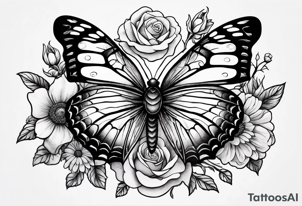 Dark feminine spider butterfly with roses, daisies, marigolds, sweet peas and Cosmos flowers. tattoo idea