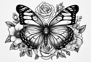 Dark feminine spider butterfly with roses, daisies, marigolds, sweet peas and Cosmos flowers. tattoo idea