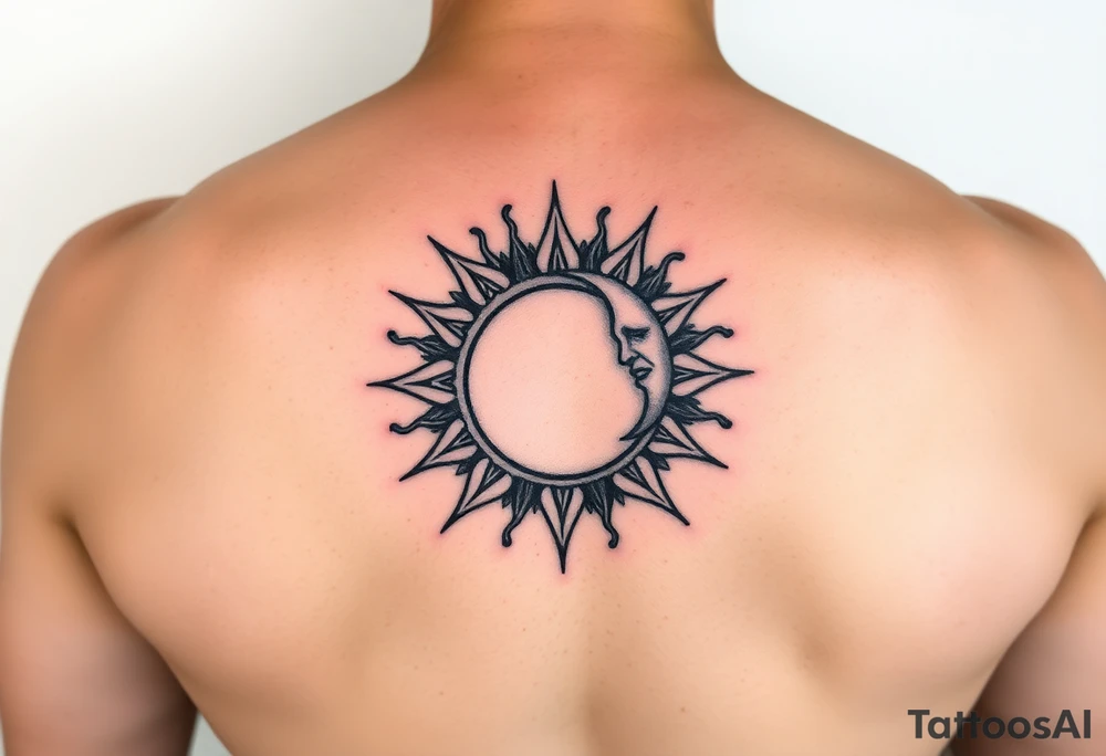 celestial sun and moon embrace with constellation patterns tattoo idea