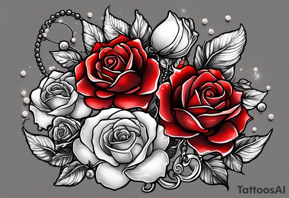Red roses with a chain made of pearls and seashells tattoo idea