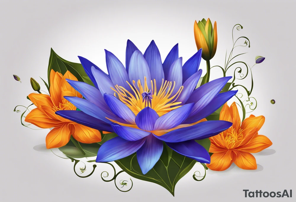 Design a vine of flowers tattoo Centerpiece: Blue and purple Water Lily: Place this at the center, its petals elegantly spread, symbolizing serenity. Place a blue butterfly resting on the waterlily Orange Marigold: Positioned to one side of and below the water lily, with vibrant petals, and a small bumblebee buzzing nearby. Purple Gladiolus: Tall and striking, place these on one side and above the water lily cascading slightly for a natural look. Purple Iris: Integrate these on the opposite side and above the water lily, their unique shape adding depth and contrast. Pink Rose: Position this slightly below the water lily with its delicate petals and gentle curves. Interweave around the water lily, Marigold and rose christmas holy vine with dark green leaves and red berries Vine and Leaves: Use flowing vines that interweave between the flowers, creating a cohesive look. Add leaves that vary in size and shape for a naturalistic tattoo idea
