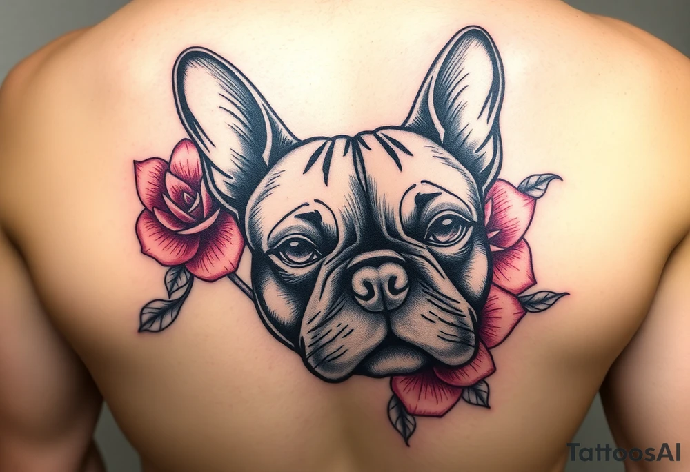 French bulldog, feminine ruby color flowers tattoo idea