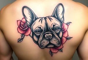 French bulldog, feminine ruby color flowers tattoo idea