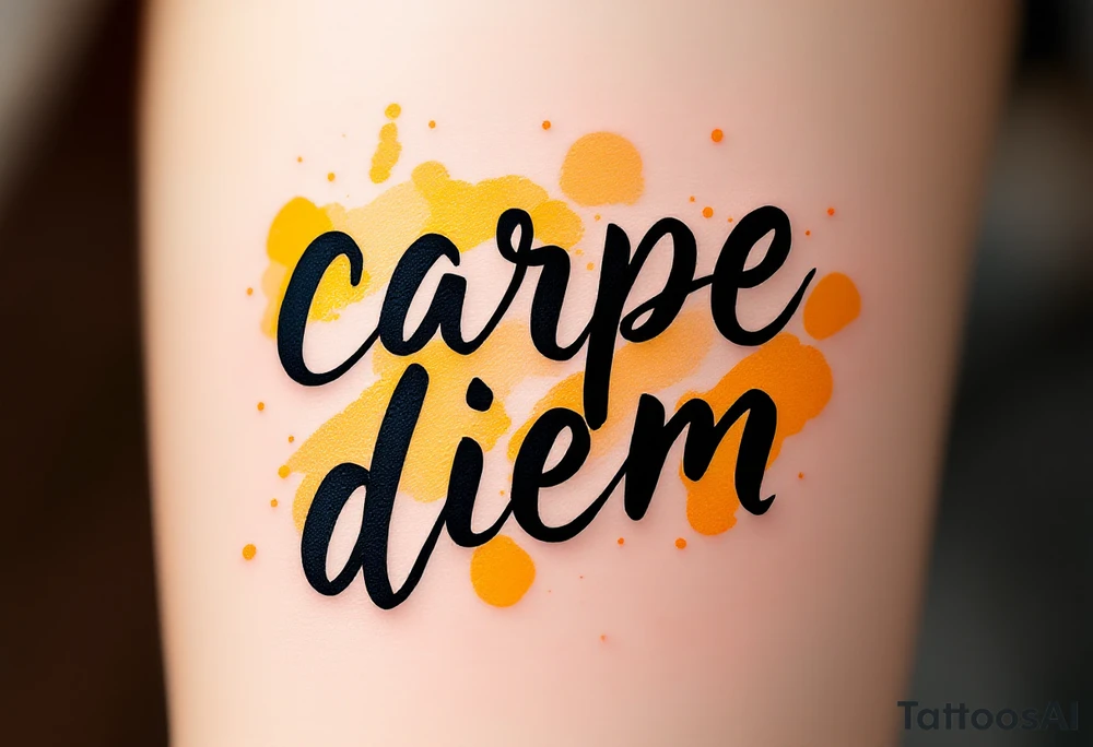 Bold brush-painted black text "carpe diem", surrounded by splashes of golden yellow and orange like a sunrise. tattoo idea