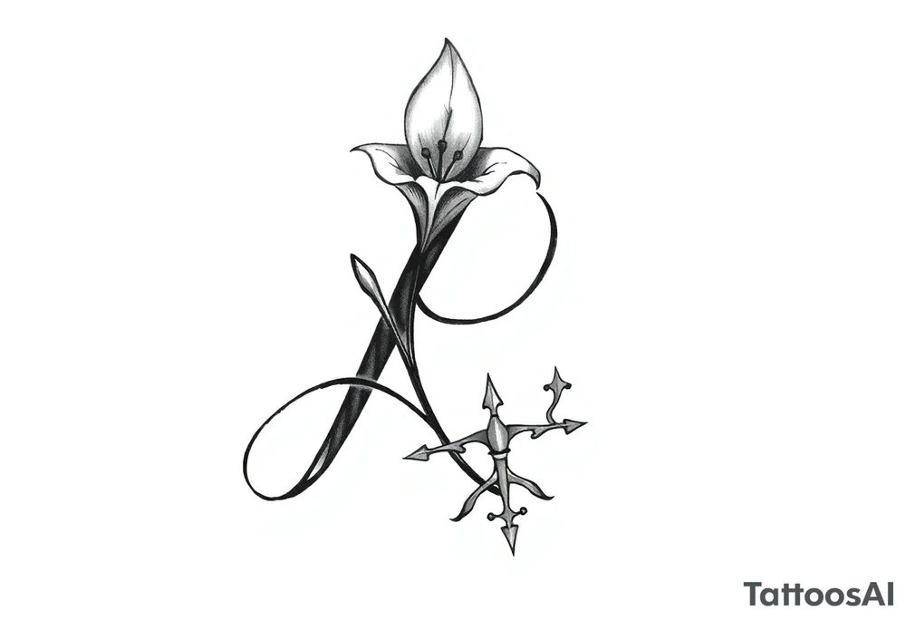 Give me a 'R' with a lily come out the top and a Sagittarius at the bottom tattoo idea