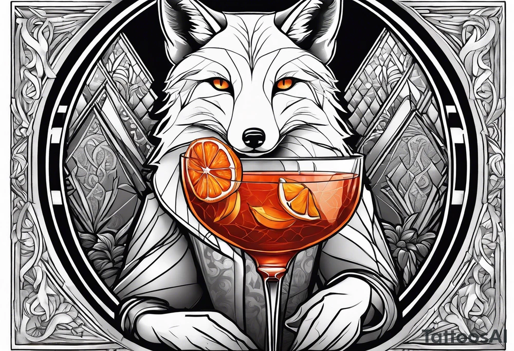 Adult male silver fox holding a Negroni in a lowball cocktail glass with an orange peel looking straight forward tattoo idea