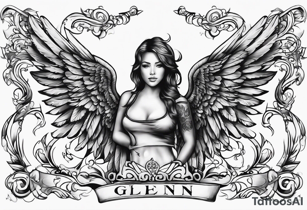 The word Glenn on a banner with angel Wings tattoo idea