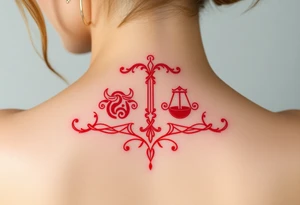 Tattoo that combines the star sign Taurus and Libra ,in red , down the spine tattoo idea