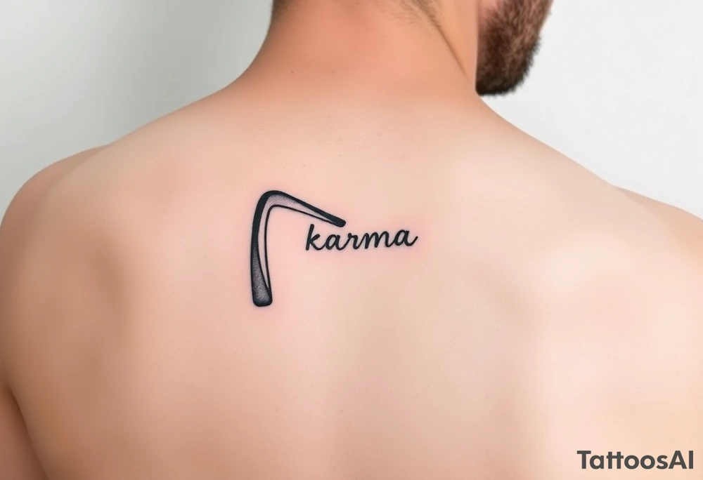 Minimalist style tattoo of a boomerang with the word karma on it tattoo idea