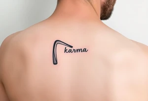 Minimalist style tattoo of a boomerang with the word karma on it tattoo idea