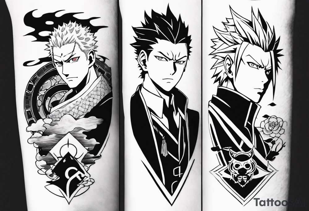 Can you create a full sleeve with Muichiro, Obanai, Rengoku and Giyuu from Demon Slayer and Choso, Gojo and Megumi from Jujutsu Kaisen tattoo idea