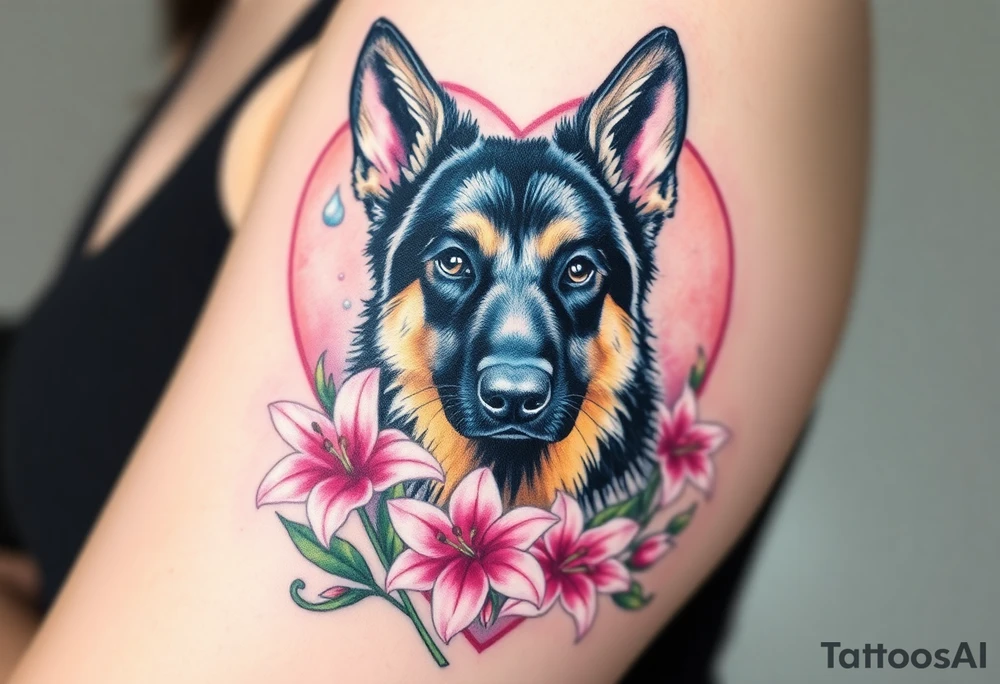 elegent looking german shepherd dog with pink lily flowers in front of sacred heart tattoo idea