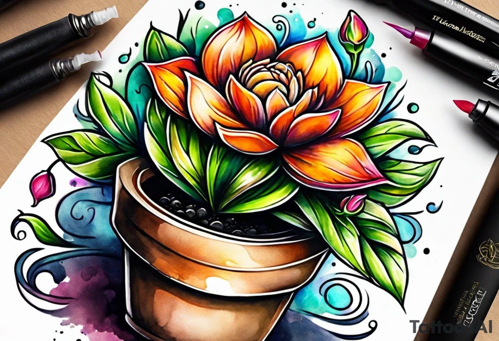 a flowerpot with a small flower coming out of it, just about to bloom. tattoo idea