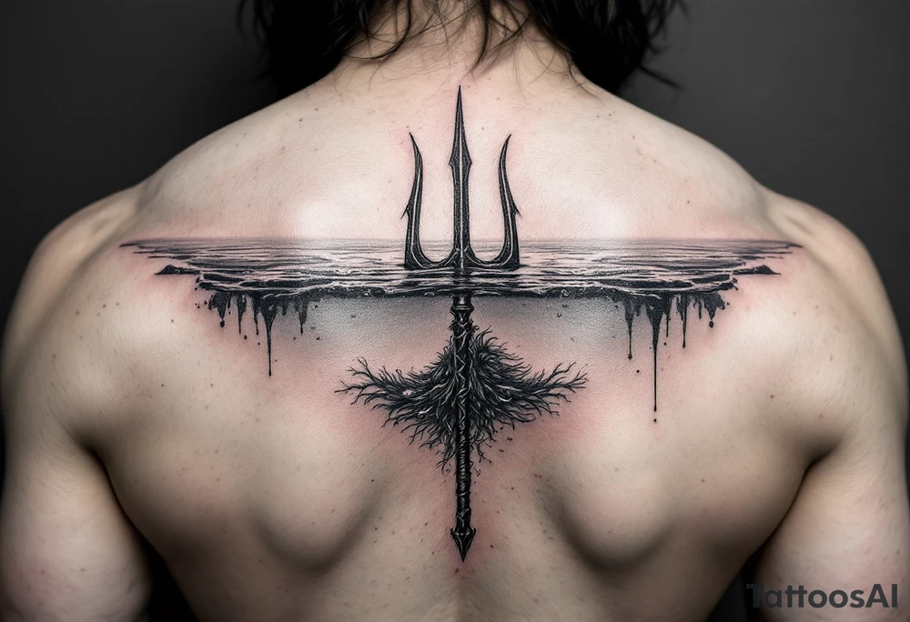 trident half way under calm water with mermaid nipples tattoo idea