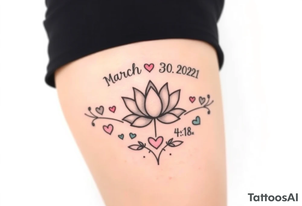 I want a tattoo for my upper thigh, that includes the date, march 30 2021, mom and daughter love that was born at 4:18 am and that includes hearts and the lotus flower and that represents the infinity love of a mother to her baby girl tattoo idea
