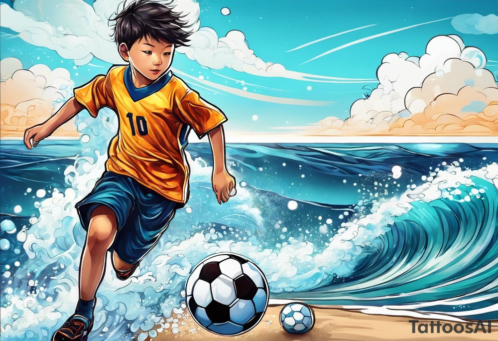 kid playing soccer in ocean tattoo idea