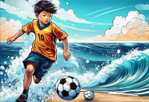 kid playing soccer in ocean tattoo idea