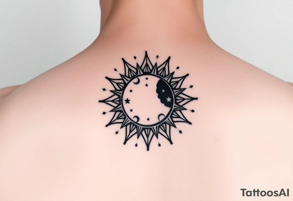 celestial sun and moon embrace with constellation patterns tattoo idea