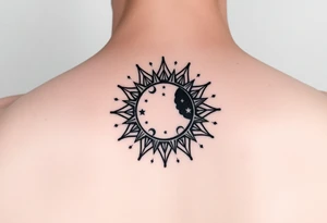 celestial sun and moon embrace with constellation patterns tattoo idea
