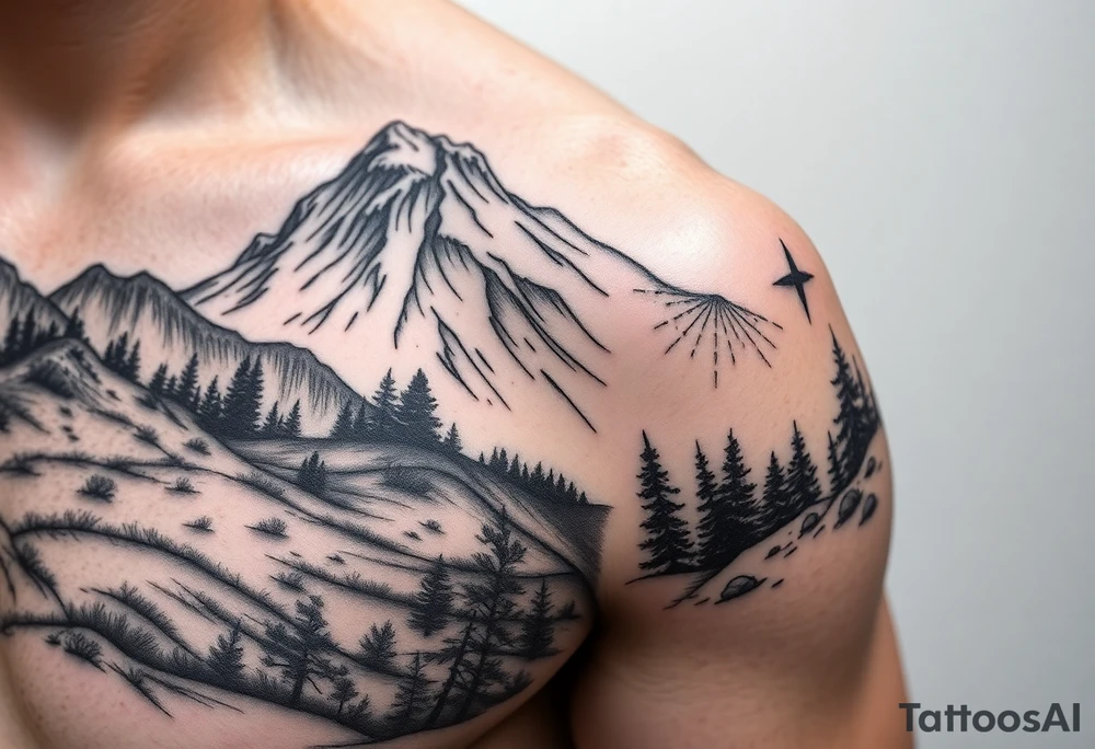 Mountainous valley with creek and a few trees with a Russian orthodox kazan scene covering my shoulder entering my upper arm with a Russian orthodox Virgin Mary tattoo idea