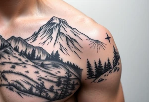 Mountainous valley with creek and a few trees with a Russian orthodox kazan scene covering my shoulder entering my upper arm with a Russian orthodox Virgin Mary tattoo idea