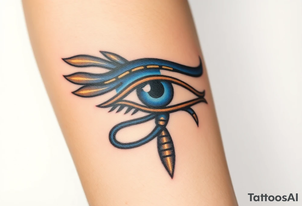 A blue and bronze Eye of Horus, detailed with ancient lines, placed on the forearm for protection and healing. tattoo idea