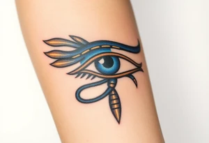 A blue and bronze Eye of Horus, detailed with ancient lines, placed on the forearm for protection and healing. tattoo idea