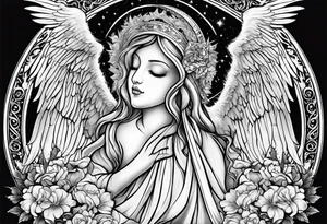 one big hooded angel with 3 angels flying in the back with shading and clouds tattoo idea