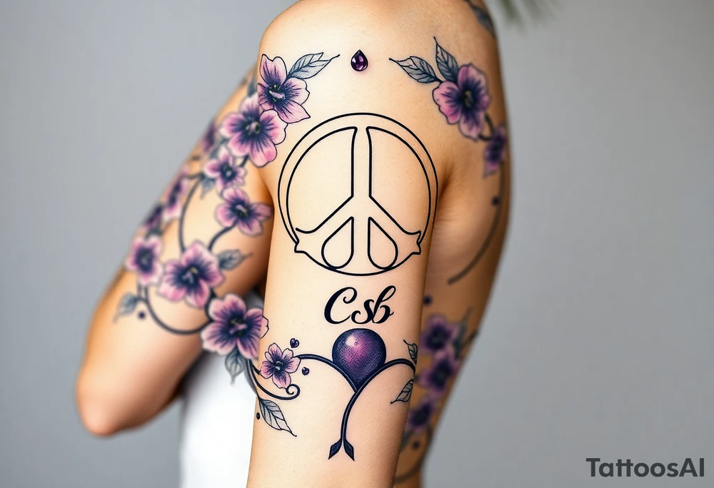 peace symbol, dog prints, Pisces symbol, intertwined with violets, amethyst, initials csb in cursive font tattoo idea
