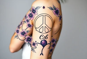 peace symbol, dog prints, Pisces symbol, intertwined with violets, amethyst, initials csb in cursive font tattoo idea