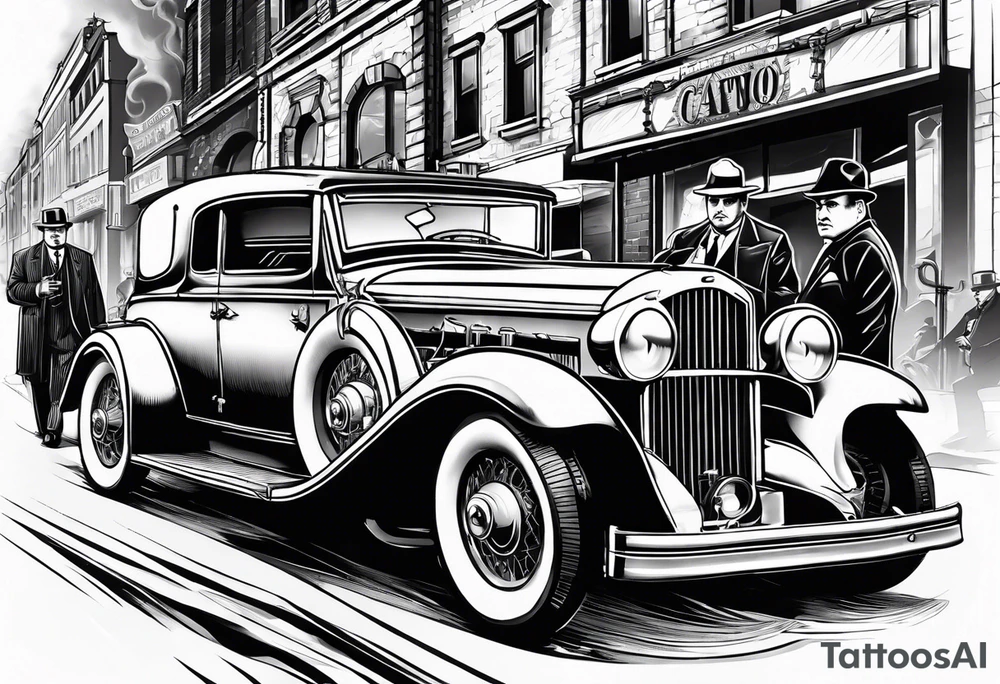 Al Capone style gangsters with machine guns set with a 1930s city street background, include a 1930's car , flames and smoke tattoo idea