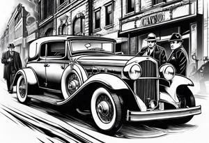 Al Capone style gangsters with machine guns set with a 1930s city street background, include a 1930's car , flames and smoke tattoo idea