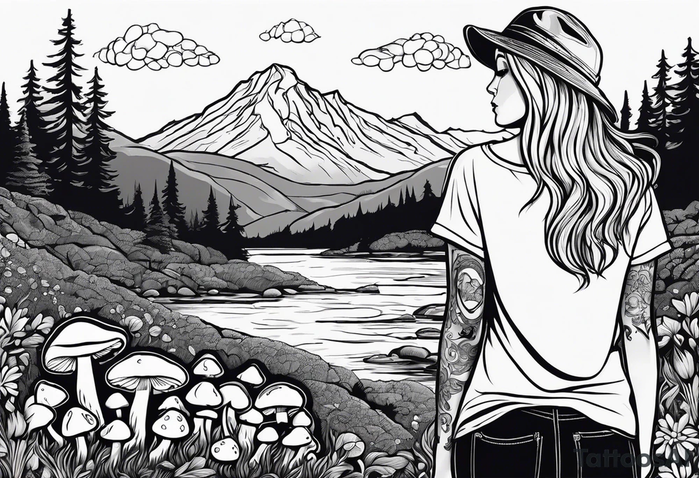 Straight long blonde hair hippie girl in distance holding mushrooms in hand facing away toward mountains and creek surrounded by mushrooms tee shirt and hiking pants tattoo idea