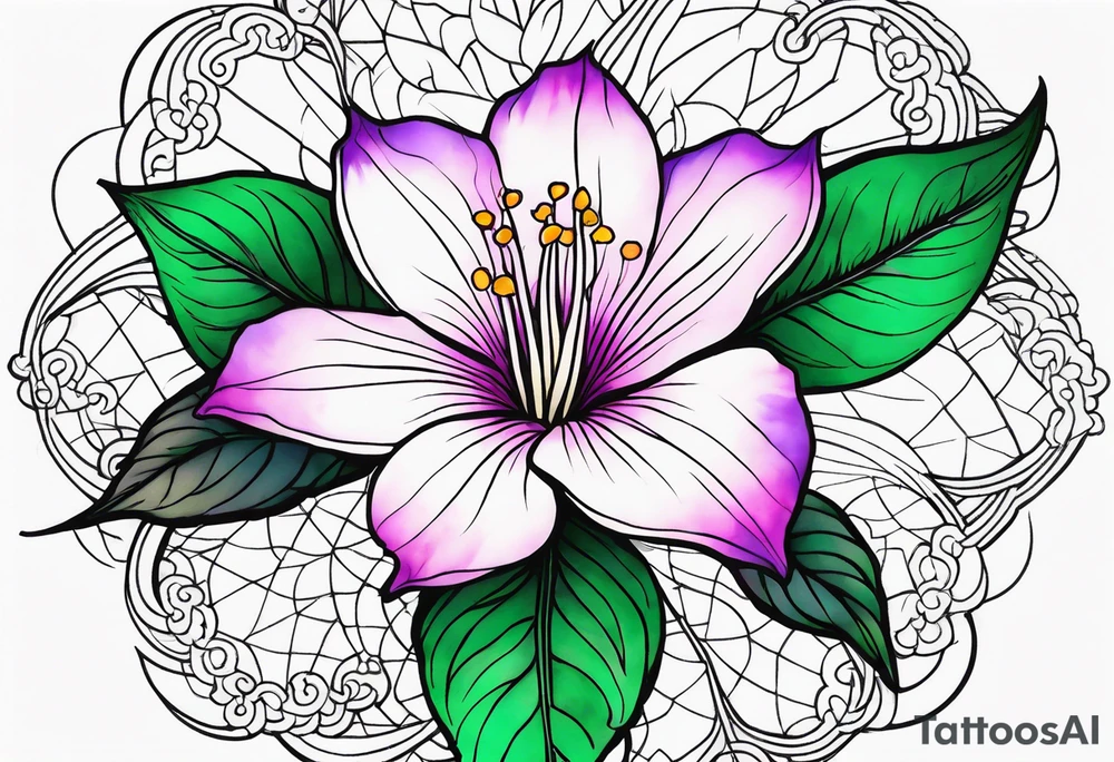 An outline of a rio dipladenia flower with a green and purple watercolor sky in the background tattoo idea