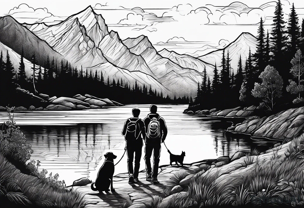 nature, sunset, mountains, a father and son hiking with their dog and cat by the water and a cross in the distance tattoo idea