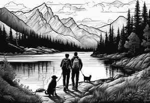 nature, sunset, mountains, a father and son hiking with their dog and cat by the water and a cross in the distance tattoo idea