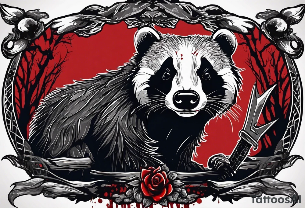 Draw me psychopath Badger/Warrior with aggressive full body, killer face with a scary smile, very long nails and he attacks like a Bloody Assassin to us and also, he has very deadly looking. He fights with his nails. Everybody scares after their first sight. Give me horror type Badger Tattoo. I want to see his Realistic full body. tattoo idea