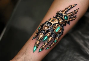 A steampunk-inspired robotic hand tattoo featuring brass tones, copper wiring, and emerald green glow at the joints. tattoo idea