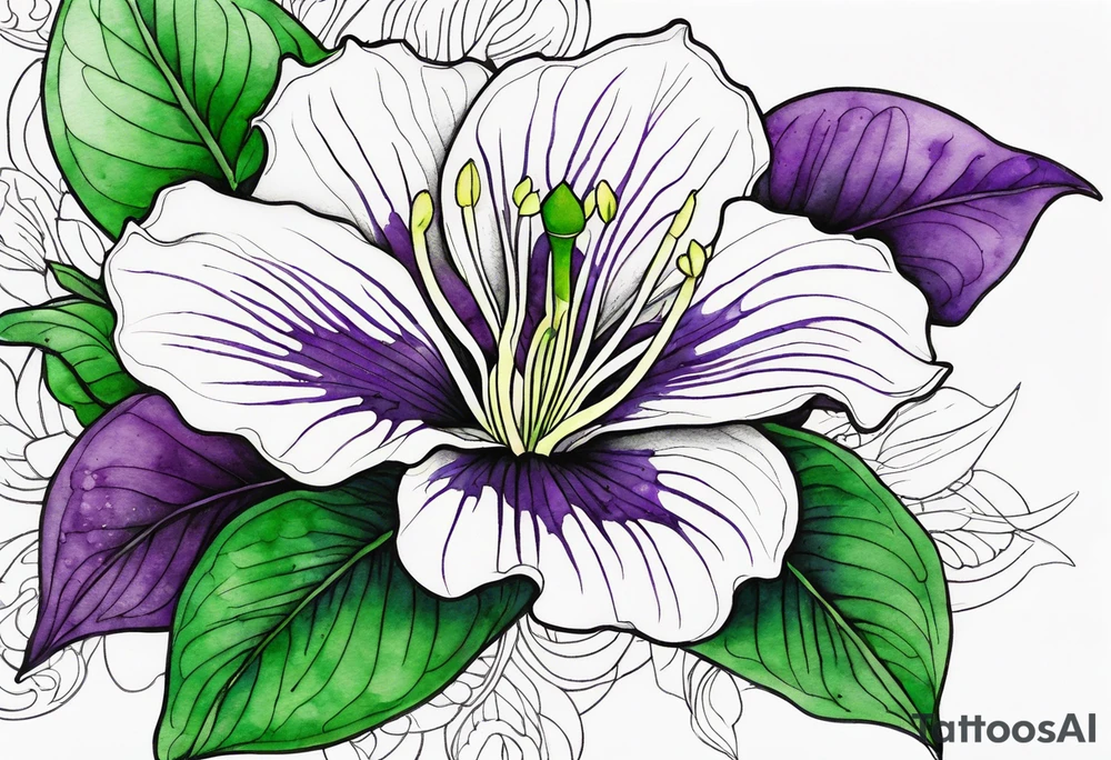 An outline of a rio dipladenia flower with green/purple pedals and a green/purple watercolor splash in the background tattoo idea