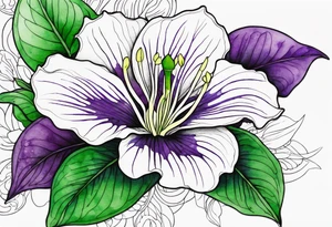 An outline of a rio dipladenia flower with green/purple pedals and a green/purple watercolor splash in the background tattoo idea