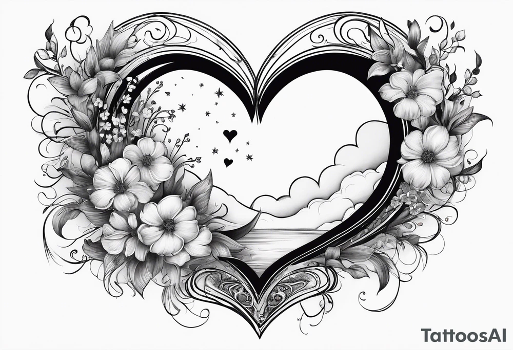 Crescent moon with a heart inside, shrouded by beautiful flowers with wisps of mist tattoo idea