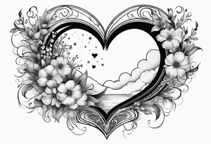 Crescent moon with a heart inside, shrouded by beautiful flowers with wisps of mist tattoo idea