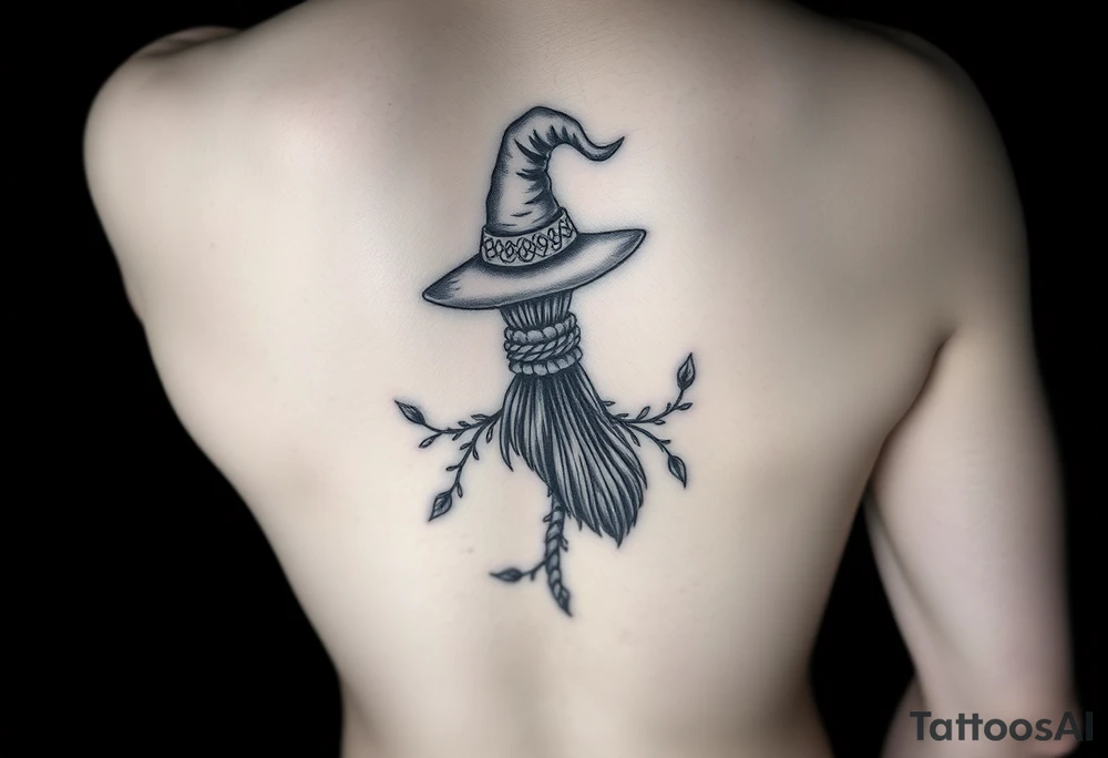 Which is broom with a witches hat with vines and feathers on your leg 
Smaller broom with hat placed on top or in the middle tattoo idea