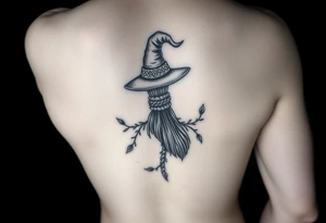 Which is broom with a witches hat with vines and feathers on your leg 
Smaller broom with hat placed on top or in the middle tattoo idea