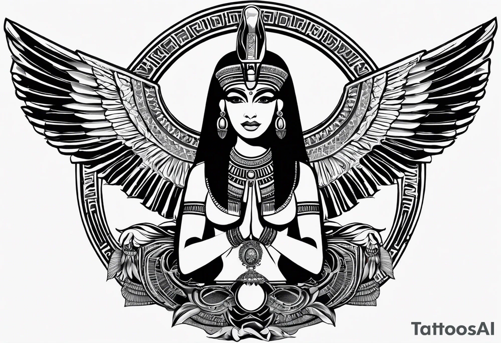 black and white Egyptian goddess Isis, who is often depicted as a woman with outstretched wings, holding an ankh (a symbol of life) in one hand and a lotus flower in the other. Her headdress often includes a throne or a solar disk. The tattoo design can vary in style and size, but it typically aims to capture the essence of this revered Egyptian deity, emphasizing her beauty, power, and maternal qualities. The choice of colors and additional elements can also be customized to create a unique and visually striking representation of the goddess Isis tattoo idea