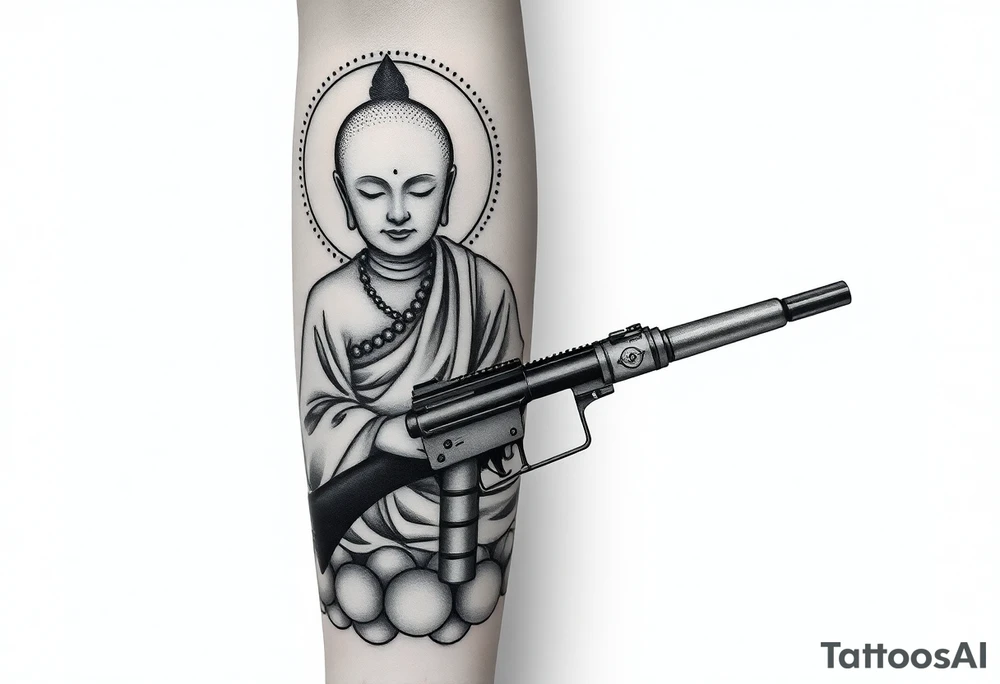 "Black ink tattoo fusing war and enlightenment:  
1. LEFT SIDE: Hyper-detailed Buddhist monk in lotus pose (dotwork shading)  
2. RIGHT SIDE: Maxim M1910 machine gun (geometric outline)  
3. TRANSITION ZONE:  
   - Monk's robes dissolve into bullet belts  
   - Prayer beads become ammunition links  
   - Third eye aligns with gun sights  

Key details:  
- Mirror embedded in gun's scope (reflects wearer's eye)  
- Micro-text along barrel: *"Пустота стреляет"* (0.3mm font)  
- Mandala-shaped muzzle flash  

Style: Neo-tribal meets ukiyo-e. Size: 15cm forearm sleeve. No colors." tattoo idea