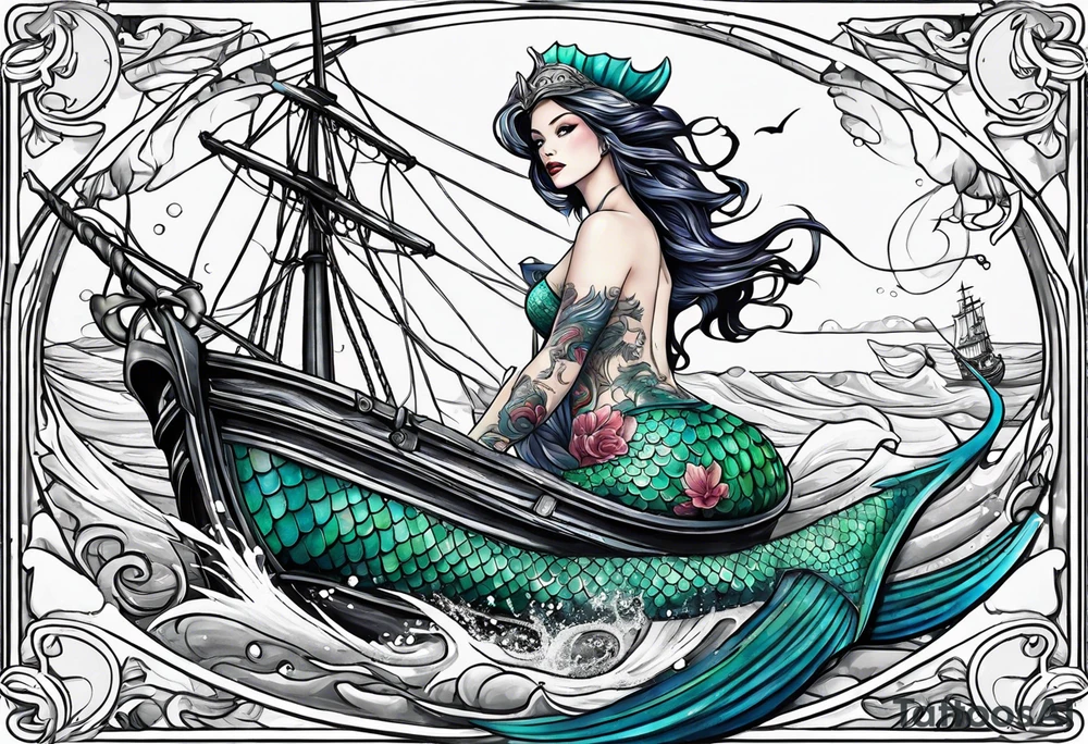 mermaid with galleon ship tattoo idea