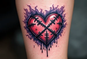 A stitched-up voodoo heart with black X-shaped stitches, surrounded by deep violet and gray smoke. tattoo idea